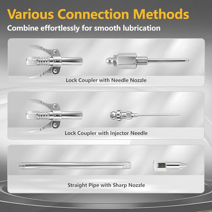 8PCS Grease Gun Tips Kit, Quick Lock Coupler, 90° Adapter, Needle & Nozzles