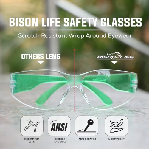 BISON LIFE Clear/Green Safety Glasses for Men & Women, ANSI Z87.1, 6 Pack - color: Clear/Green