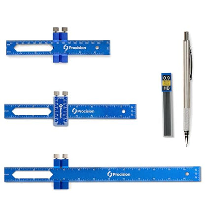 ELEON Procision Woodworking Ruler, Set of 3 (12, 8, 6 Inch) - Precision Woodworking Pocket Tool with Extra Wide 2" Sliding Attachment - Slide T-Square Scribing Kit Plus Mechanical Pencil - Aluminium