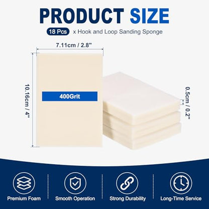 18Pcs 400Grit Sanding Sponges, 4x2.8In Hook & Loop White - size: 400 Grit