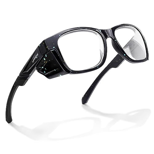 UKNOW Safety Glasses - Anti Fog Lenses - Eye Protection with Side Shields - ANSI Z87.1 Protective Eyewear - UV Protection - color: Black With Blue & Yellow Splatters
