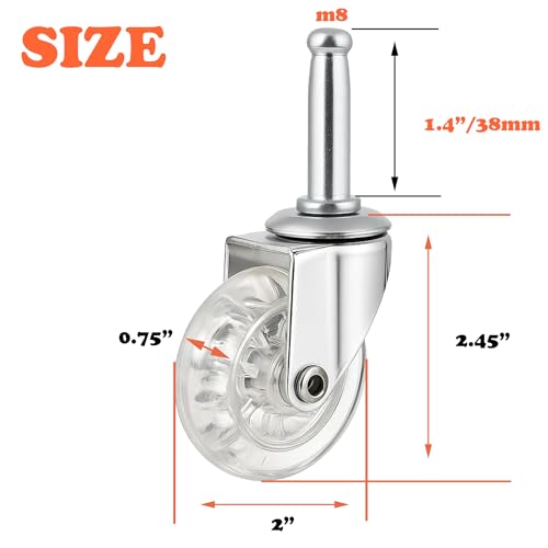 2 Inch Swivel Caster Wheels Set of 4, Heavy Duty M8 with 38MM Long Grip Neck Stem Caster Wheels, Crystal Clear Wheel Replacement for Furniture, Table, Cabinet, Shelf (Pack of 4) - size: 2",No Brake (Pack of 4)