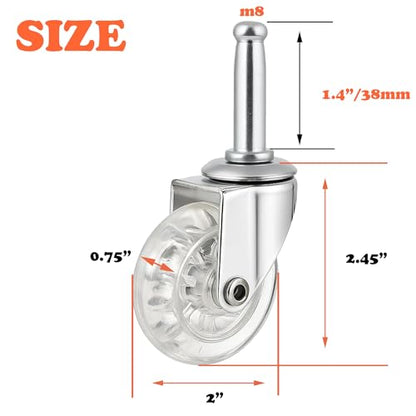 2 Inch Swivel Caster Wheels Set of 4, Heavy Duty M8 with 38MM Long Grip Neck Stem Caster Wheels, Crystal Clear Wheel Replacement for Furniture, Table, Cabinet, Shelf (Pack of 4) - size: 2",No Brake (Pack of 4)