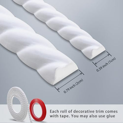 Coengwui 196.8" x 0.79" Peel and Stick Unfinished White Molding Trim with Twisted Rope Moulding, Flexible Decorative Strip, Paintable DIY for Mirror Frame, Wall, Cabinet, Door - size: 196.8" x 0.79"