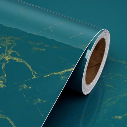 Livelynine 15.8x197 Marble Contact Paper Peel and Stick Countertop Vinyl Wrap Kitchen Counter Top Self Adhesive Covering Waterproof Wallpaper for Bathroom Countertops Teal Green and Gold Desk Covers - size: 15.8" x 197"