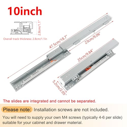 Pair Undermount Drawer Slides Bottom Mount Pull Out Shelf Slider Under Mount Drawer Glides Full Extension Soft Close Drawer Runner Shelf Track for Kitchen Face Frame or Frameless Cabinet Drawer - size: 10 Inch