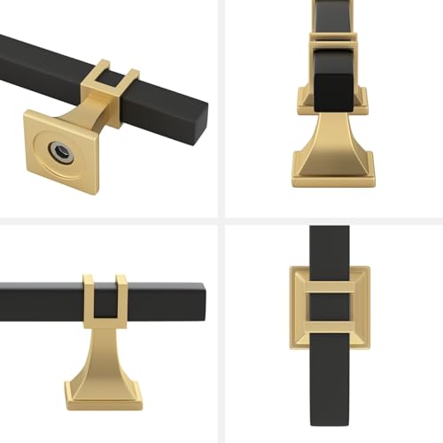 Haliwu Black and Gold Cabinet Pulls 6 Pack 6-1/4 Inch, Matte Black Drawer Handles Square 2 Tone Hardware, T Bar Cabinet Pulls for Dresser Bathroom Closet and Cupboard - color: Black and Matte Gold, size: 160mm(6-1/4 inch)