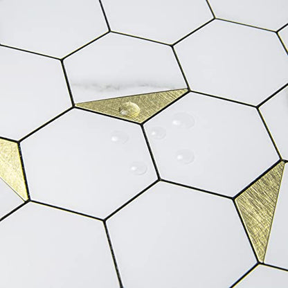 DICOFUN 1 Hexagon Tile Peel and Stick Backsplash, White Marble Look PVC Mixed Golden Metal Mosaic Tiles - color: Marble White + Gold Metal Chip, size: 1 Sheet, 12''x12''x0.12''