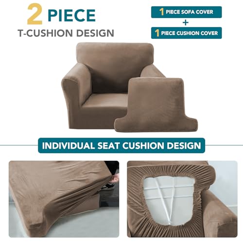 2 Pieces T Cushion Chair Covers with Arms Thick Velvet Couch Cover Stretch T Cushion Sofa Covers for Living Room Chair Cover with Individual T Cushion Covers , Washable (1 Cushion Chair, Mocha) - color: Mocha, size: Armchair (1 Cushion)