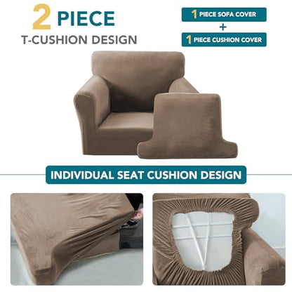 2 Pieces T Cushion Chair Covers with Arms Thick Velvet Couch Cover Stretch T Cushion Sofa Covers for Living Room Chair Cover with Individual T Cushion Covers , Washable (1 Cushion Chair, Mocha) - color: Mocha, size: Armchair (1 Cushion)