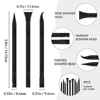 9 Pieces Plastic Scraper Tool for Tight Spaces, Non-Scratch Kitchen Scraper Cleaning Pen, Perfect for Remove Stickers, Labels, Oil Stains, Food, Dirt (Black)