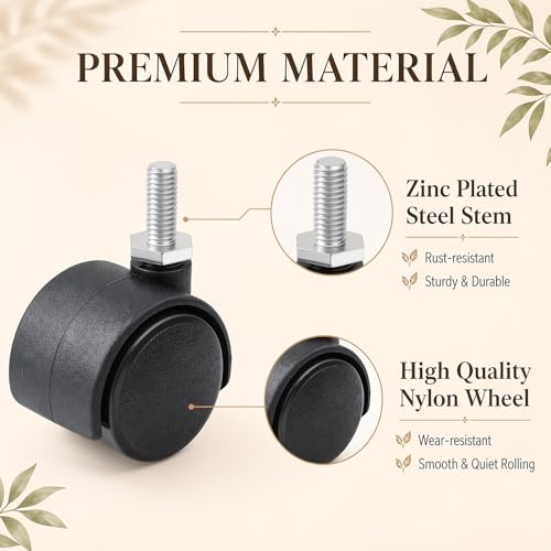 BBTO 8 Pcs 2 Inch M6 Swivel Stem Casters Wheels Replacement, M6 Threaded Stem Caster, Heavy Duty 360° Standing Desk Wheels, No Noise, Black Nylon, for Cart Furniture Table Cabinet Shelf - size: 2 Inch X M6 x 15 mm, style: Threaded, No Brake