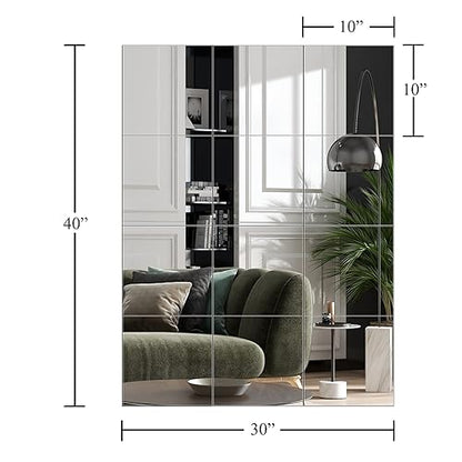 Home Gym Mirror Tiles, 10" x 10" x 12PCS Wall Mirror Tiles Frameless Glass - size: 10"x10"-12pcs