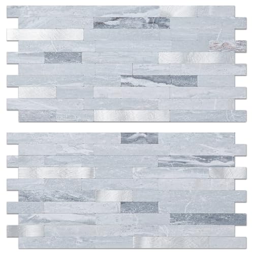 AULIGET 20 Sheets Faux Stone Peel and Stick Backsplash, Light Grey Marble Look PVC Mixed Metal Wall Tiles Stick on Backsplash for Kitchen - color: Light Grey + Metal Silver, size: 20 Sheets, 6"x12"x0.12"