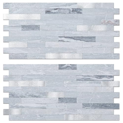AULIGET 20 Sheets Faux Stone Peel and Stick Backsplash, Light Grey Marble Look PVC Mixed Metal Wall Tiles Stick on Backsplash for Kitchen - color: Light Grey + Metal Silver, size: 20 Sheets, 6"x12"x0.12"