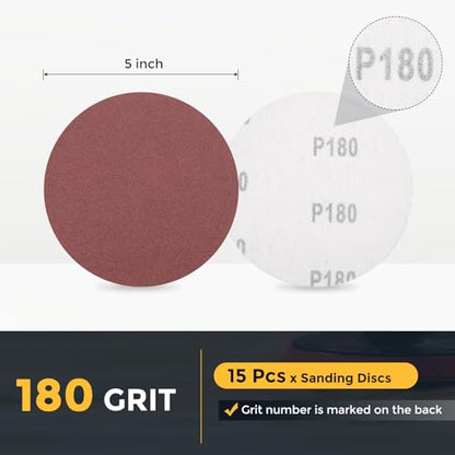 HARFINGTON 15 Pcs 5 Inch Sanding Disc 180 Grit Red Aluminum Oxide - size: 5 Inch(180 Grit)