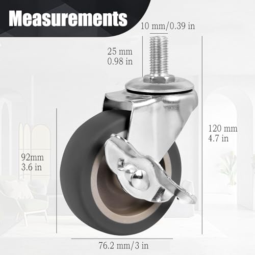 Caster Wheels, 3 Inch Stem Casters Set of 4, Heavy Duty Swivel Wheel with Brake, Metric Size M10-1.5-25 (Screw Diameter 10mm, Screw Length 25mm) Casters for Workbench Trolley, Furniture Dolly - style: M10-25