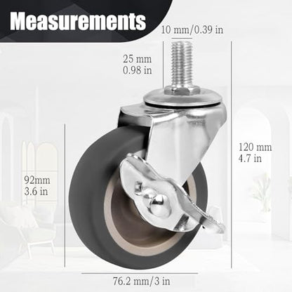 Caster Wheels, 3 Inch Stem Casters Set of 4, Heavy Duty Swivel Wheel with Brake, Metric Size M10-1.5-25 (Screw Diameter 10mm, Screw Length 25mm) Casters for Workbench Trolley, Furniture Dolly - style: M10-25