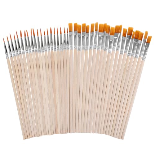40 Pcs Paint Brushes Bulk - 20 Flat Nylon Paint Brush and 20 Tip Paint-Brush Wood Handle Artist Craft Watercolor Small Brush Set for Acrylic Watercolor Oil Crafts Face Body Art