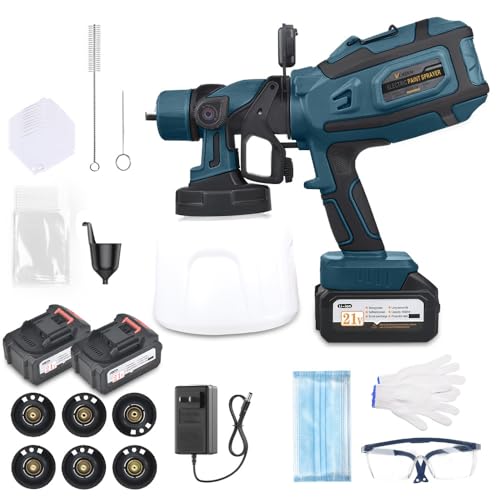 Cordless Paint Sprayer with 2 * 4AH Batteries,6 Nozzles & 3 Spray Patterns & 10 Paint Bags & 1 Night Light,Spray Paint Gun with 1400ML Container,Paint Sprayer for House Wall Furniture - color: Blue