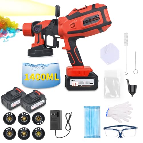 Cordless Paint Sprayer with Makita 2 * 4AH Batteries,6 Nozzles & 3 Spray Patterns & 10 Paint Bags & 1 Night Light,Spray Paint Gun with 1400ML Container,Paint Sprayer for House Wall Furniture - color: Red