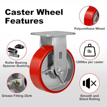 6" Casters Set of 4 Heavy Duty Industrial Caster Wheels with Load 4800lbs Capacity, Polyurethane Wheels for Workbench,Tool Box,Dolly(2 Brake & 2 Rigid) - style: 6'' Wheel