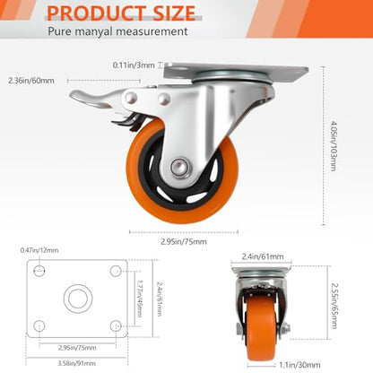 3 Inch Heavy Duty Casters Set of 4, 2 Rigid + 2 Locking, Orange PU