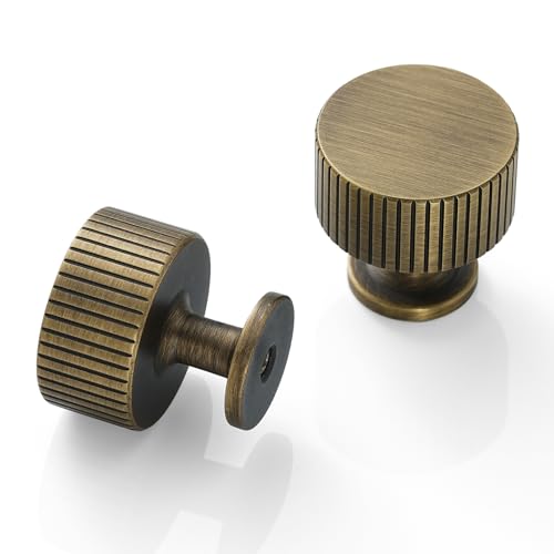 2 Pack Solid Brass Cabinet Knobs, Classic Drawer Knobs, Brushed Antique Brass Cabinet Knobs for Kitchen, Bathroom, and Furniture - size: Knob-E