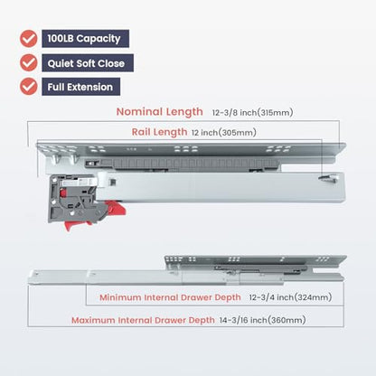 homdiy 12 Inch Undermount Soft Close Drawer Slides Hidden Rails 1 Pair - size: 12 Inch