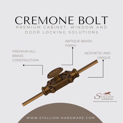 Antique Brass Cremone Bolt Set - Solid Brass Cabinet Hardware with 2' Rods & Handle, Perfect for Cabinets & Restoration Projects, Easy One-Side Operation for Timeless Charm
