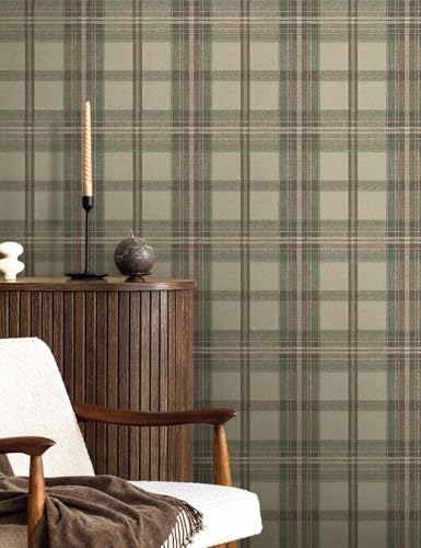 NextWall Harry & Grace Herringbone Plaid Premium Matte Non-Woven Peel and Stick Wallpaper (Clay & Sage) - color: Clay & Sage