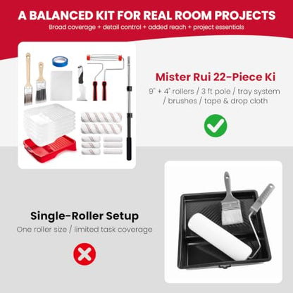 Mister Rui 22-Piece Paint Roller Kit with 3 Ft Extension Pole - size: 22 Pack 9 Inch Paint Roller Kit & Extension Pole