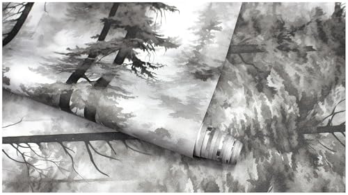HAOKHOME Forest Peel and Stick Wallpaper Black White Tree Mural Bathroom - color: Grey/Black/White, size: 17.3in x 9.8ft