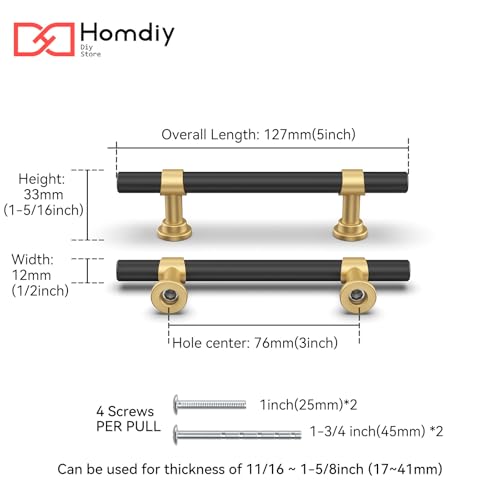 homdiy 10 Pack 3 Inch Hole Center Black and Gold Cabinet Handles - color: Black & Matte Gold, size: 3 in Hole Centers