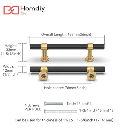 homdiy 10 Pack 3 Inch Hole Center Black and Gold Cabinet Handles - color: Black & Matte Gold, size: 3 in Hole Centers