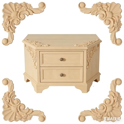 4PCS Unpainted Furniture Onlay Applique Frame Corner for Home, 9.5x9.5cm/3.74"x3.74", Unpainted Woodcarving Corner Decal Cabinet Door Wall Ceiling Dresser