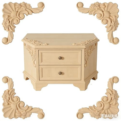 4PCS Unpainted Furniture Onlay Applique Frame Corner for Home, 9.5x9.5cm/3.74"x3.74", Unpainted Woodcarving Corner Decal Cabinet Door Wall Ceiling Dresser