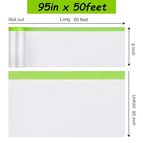 Pre-Taped Masking Film for Painting - 95" x 50' Painters Plastic Sheeting with Automotive Paint Tape and Drape for Covering Cars, Walls, Windows and Furniture Protection (2 Rolls) - size: 95in x 50ft 2Rolls