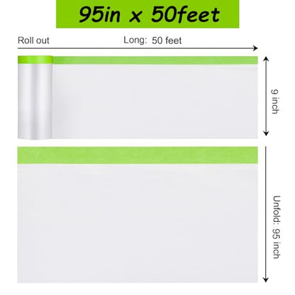 Pre-Taped Masking Film for Painting - 95" x 50' Painters Plastic Sheeting with Automotive Paint Tape and Drape for Covering Cars, Walls, Windows and Furniture Protection (2 Rolls) - size: 95in x 50ft 2Rolls