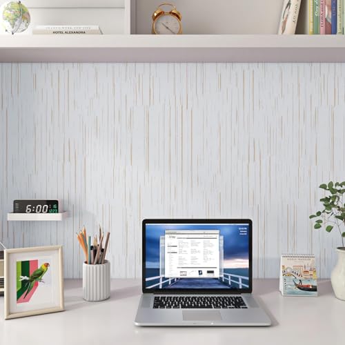 Livelynine 15.8x197 White and Gold Textured Peel and Stick Wallpaper Stripes Vertical Grasscloth Linen Cloth Fabric RV Wallpaper Replacement Camper Renter Friendly Textured Contact Paper for Cabinets - size: 15.8" x 197"