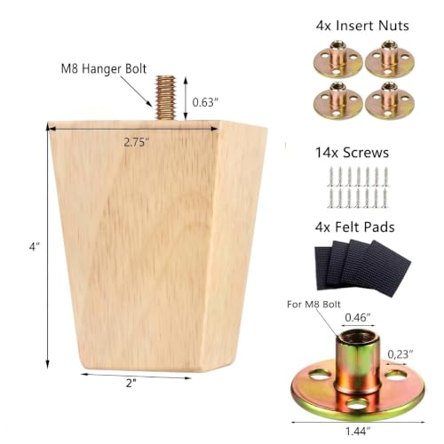 Unfinished Wood Furniture Legs 4 inch Sofa Legs Pack of 4 Square Couch Legs Mid-Century Modern Replacement Legs for Armchair Recliner Coffee Table Dresser(4" H*2.75" W) - size: 4"H*2.75"W