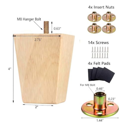 Unfinished Wood Furniture Legs 4 inch Sofa Legs Pack of 4 Square Couch Legs Mid-Century Modern Replacement Legs for Armchair Recliner Coffee Table Dresser(4" H*2.75" W) - size: 4"H*2.75"W