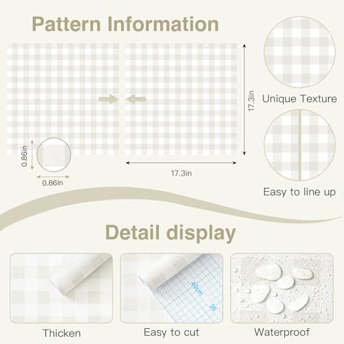 Plaid Wallpaper Neutral Wallpaper 196"×17.3" Checkered Wall Paper Peel and Stick Modern Beige Contact Paper for Cabinets Vinyl Renter Friendly Waterproof Self-Adhesive Bathroom Kitchen Bedroom - color: Beige and White, size: 17.3" x 196"
