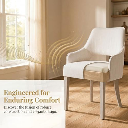 chairus Farmhouse Dining Chairs Set of 4 with Arms, Upholstered Linen Fabric Kitchen & Dining Room Chairs, Curved Open Back Chairs with Solid Wood Legs & Thick Cushion for Dining/Living Room, Cream - color: Cream