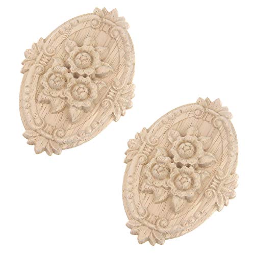 T Tulead Wood Carved Applique Decorative Onlay Oval 5"x3.54", 2-Pack - style: Oval, 5"x3.54"