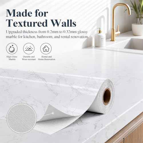 Peel and Stick Wallpaper White Marble Contact Paper for Dry Textured Wall - color: Gray/White, size: 15.7" x 200"
