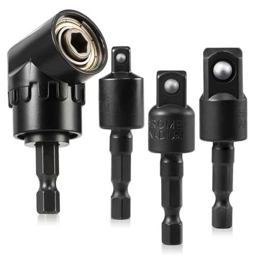 4 PCS Flexible Drill Bit Extension Set with 105° Right Angle Drill Attachment, 1/4 3/8 1/2 in 360° Rotatable Joint Socket Adapter for Tight Spaces - color: Black 4pcs