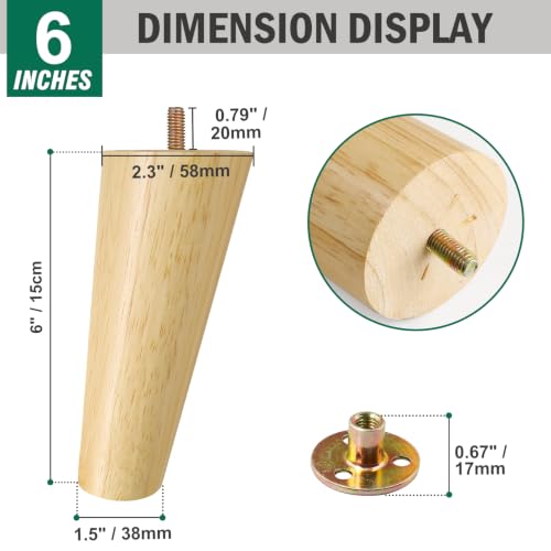 FoDau770 Rubber Wood Legs 6", Slant Taper, 5/16"-18 Thread, 4pcs - color: Varnish, size: 6 Inch - Slanted (80°)