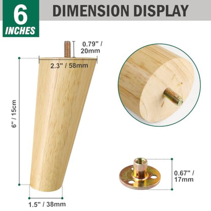 FoDau770 Rubber Wood Legs 6", Slant Taper, 5/16"-18 Thread, 4pcs - color: Varnish, size: 6 Inch - Slanted (80°)