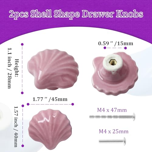 2pcs Ceramic Shell Pink Drawer Knobs, Cute Cabinet Pulls for Kids - color: Pink + Shell Shape, size: 2 Pack